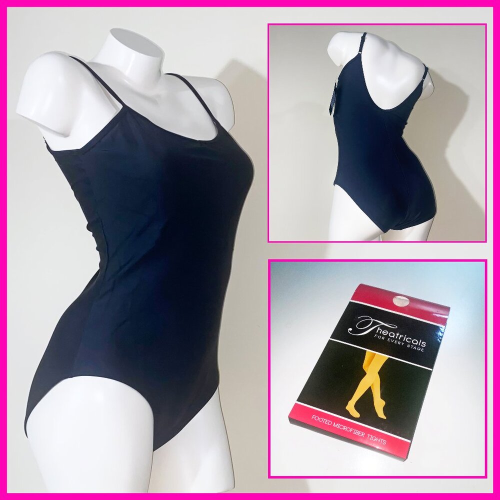 NEW THEATRICALS BUNDLE - XL BLACK LOW BACK CAMI LEOTARD & BALLET PINK TIGHTS